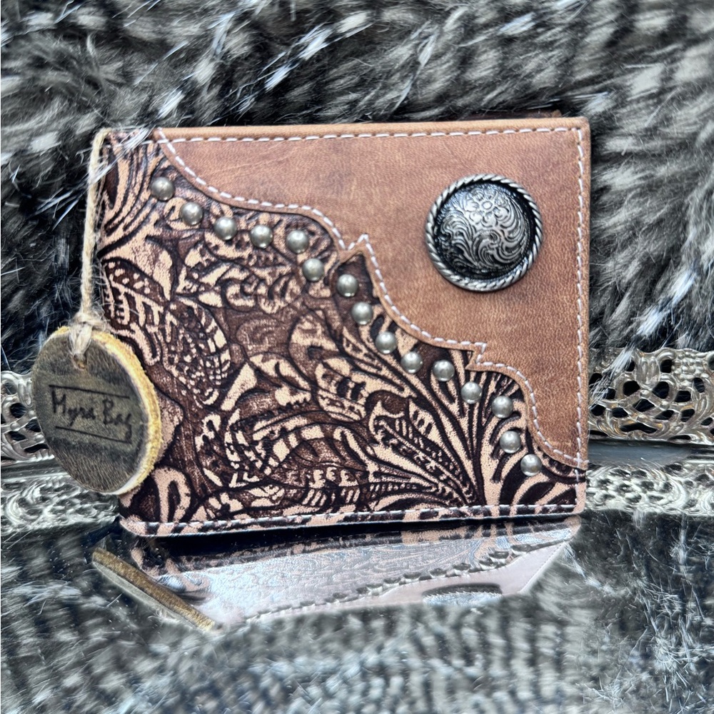 Myra Bag Leather Tooled Studded Distressed Mocha Wallet S-3853